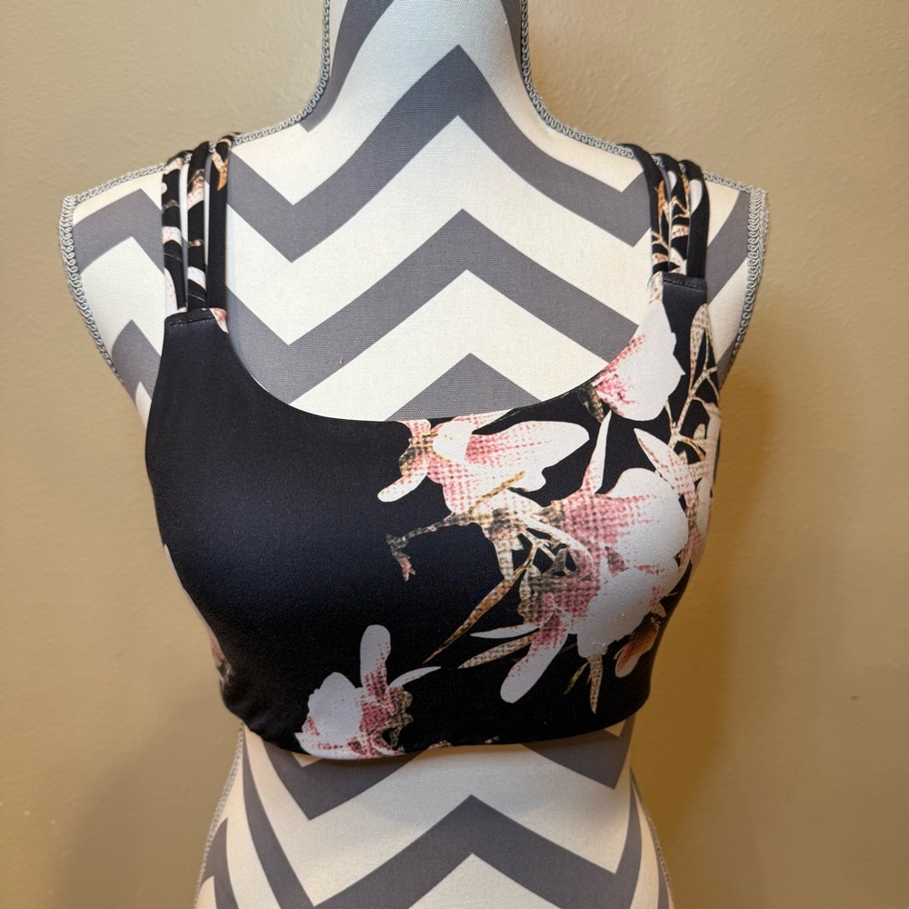 Athleta Black Floral Sports Bra small